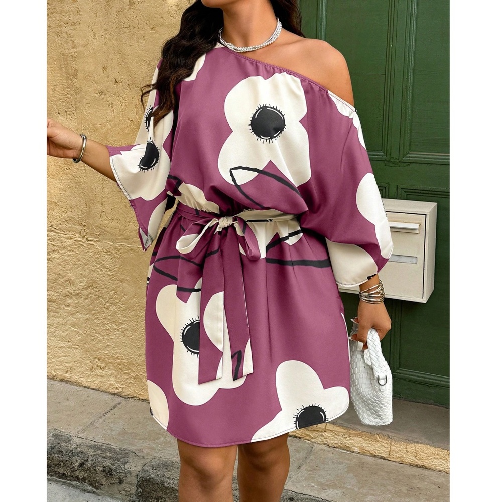 Plus Tropical Print One Shoulder Belted Batwing Sleeve Dress - Picture 3 of 9